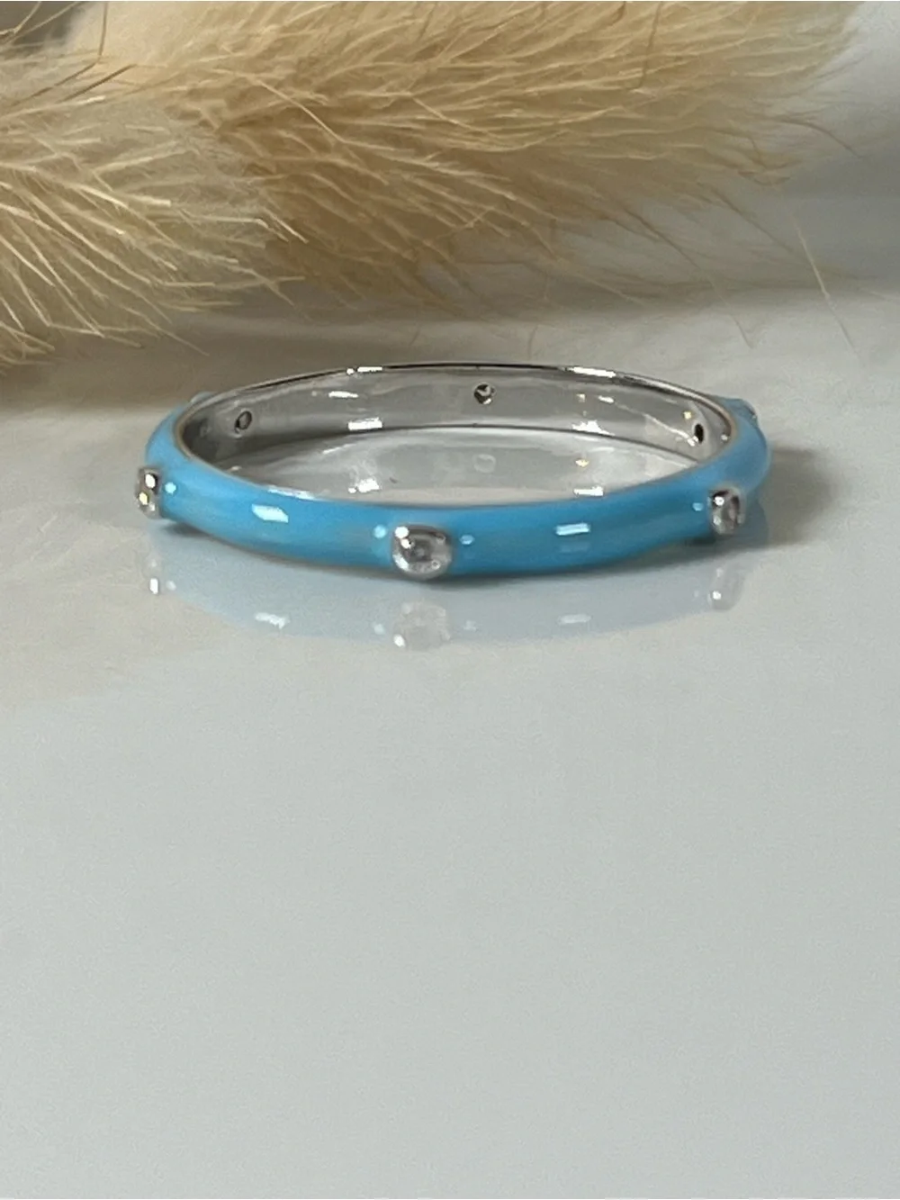 Rhodium Plated 925 Sterling Silver Turquoise Color Enamel Stacker Ring Size 7.25
